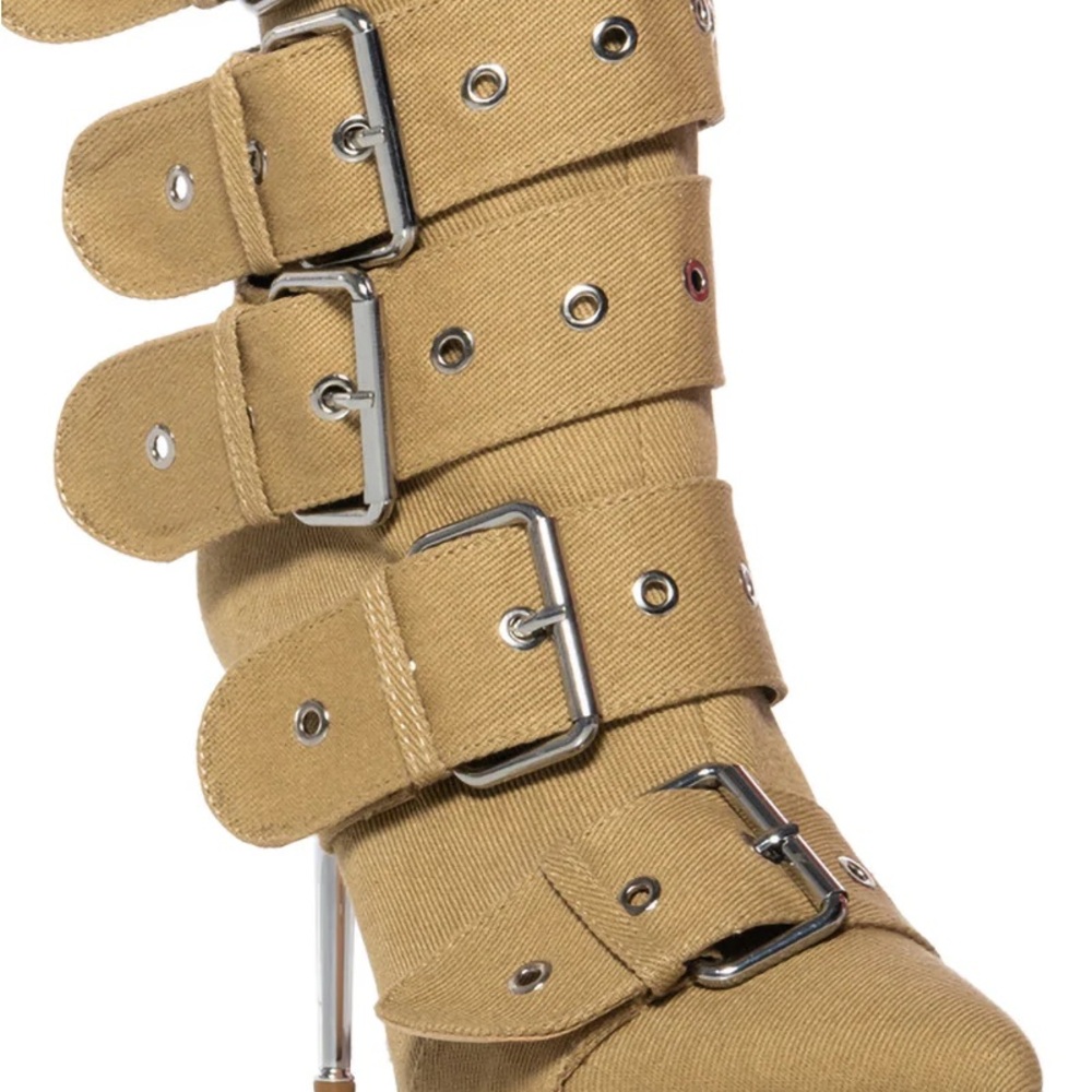 NWT. Azalea Wang Teaira Belt Buckle Heeled Boots in Khaki.  New With Tags. - Picture 5 of 5